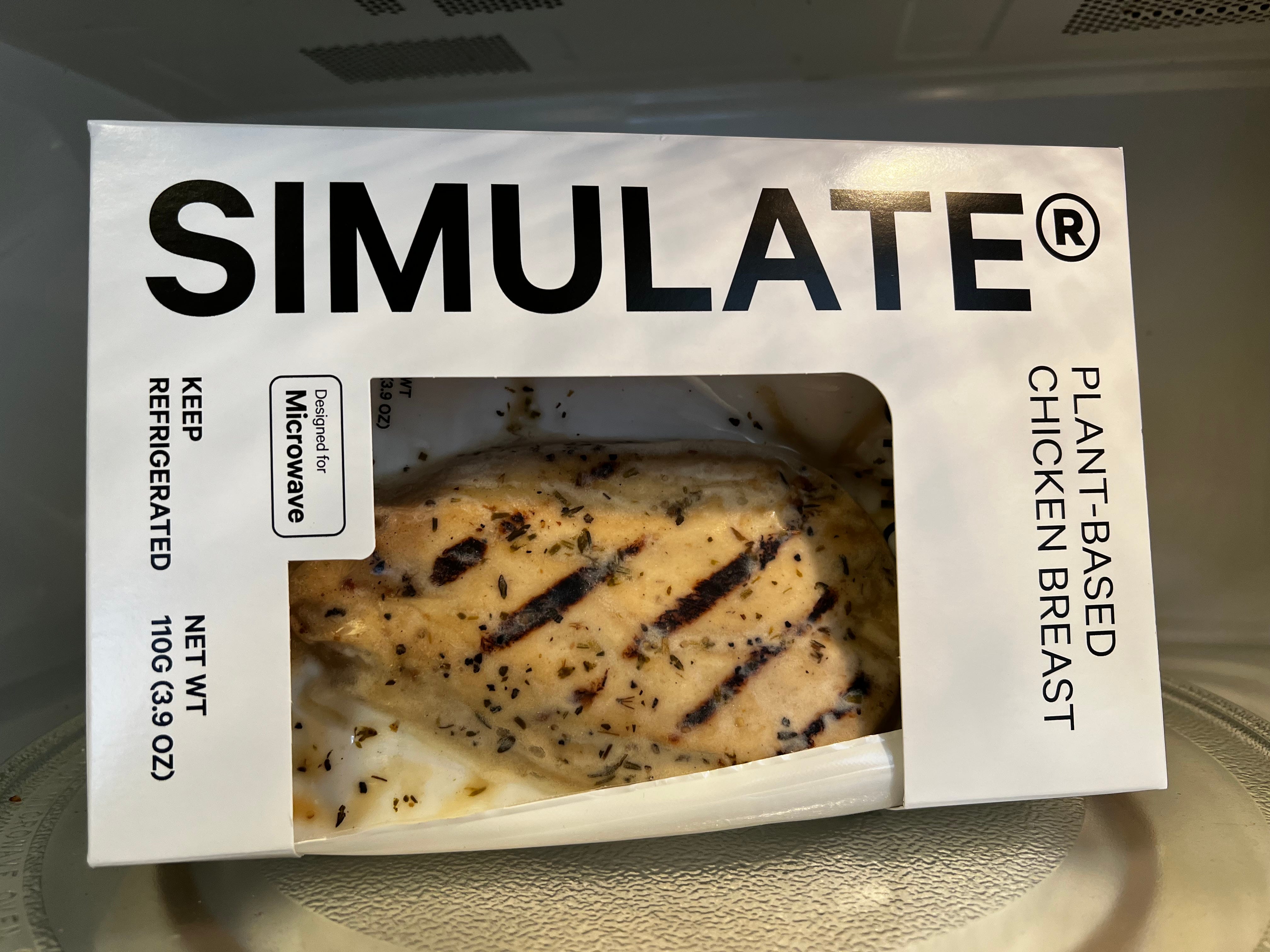 A store-bought Simulate Chicken Breast still in its packaging.