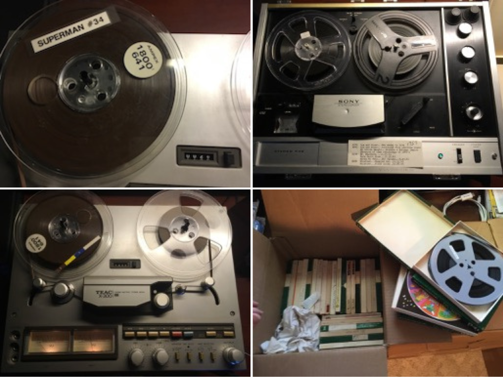 Four photos of reel-to-reel tapes and players. They are essentially larger versions of cassette tapes, except instead of being fully housed in a plastic case, you must feed the tape through the player and onto a second reel.