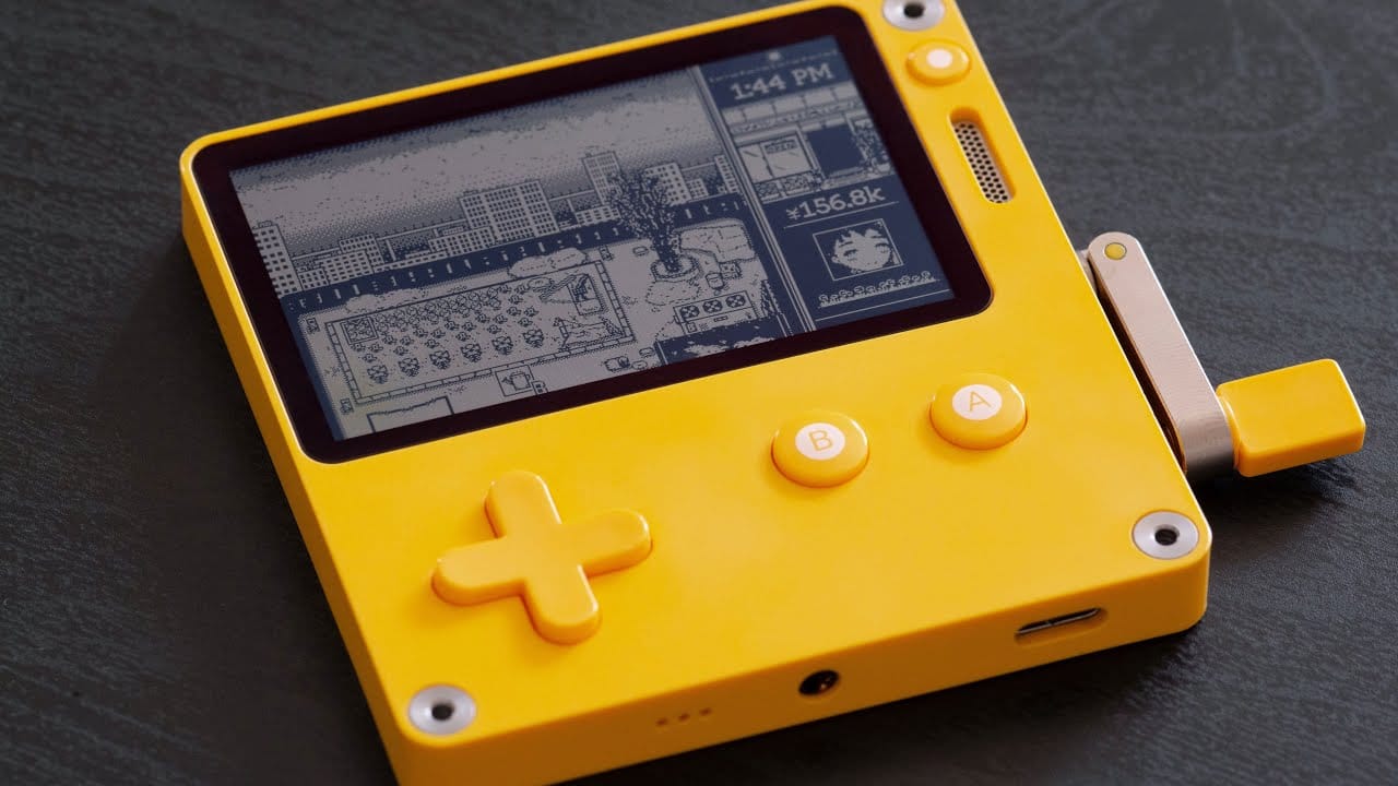 Bloom running on a Playdate console, a squat yellow handheld with a directional pad, two input buttons, and a crank.