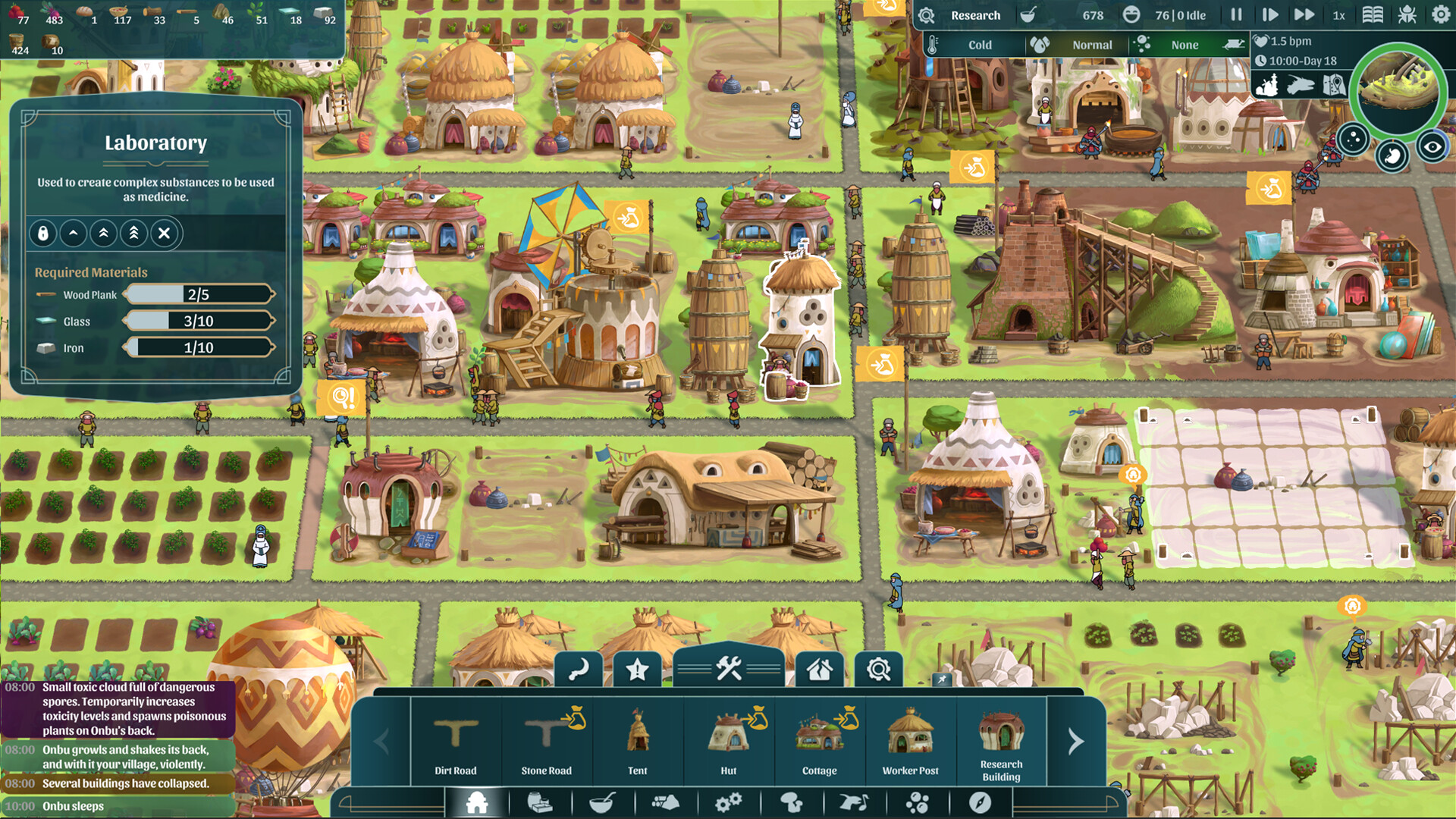 A screenshot showing a well-developed town in The Wandering Village with many buildings and a grid of roads.