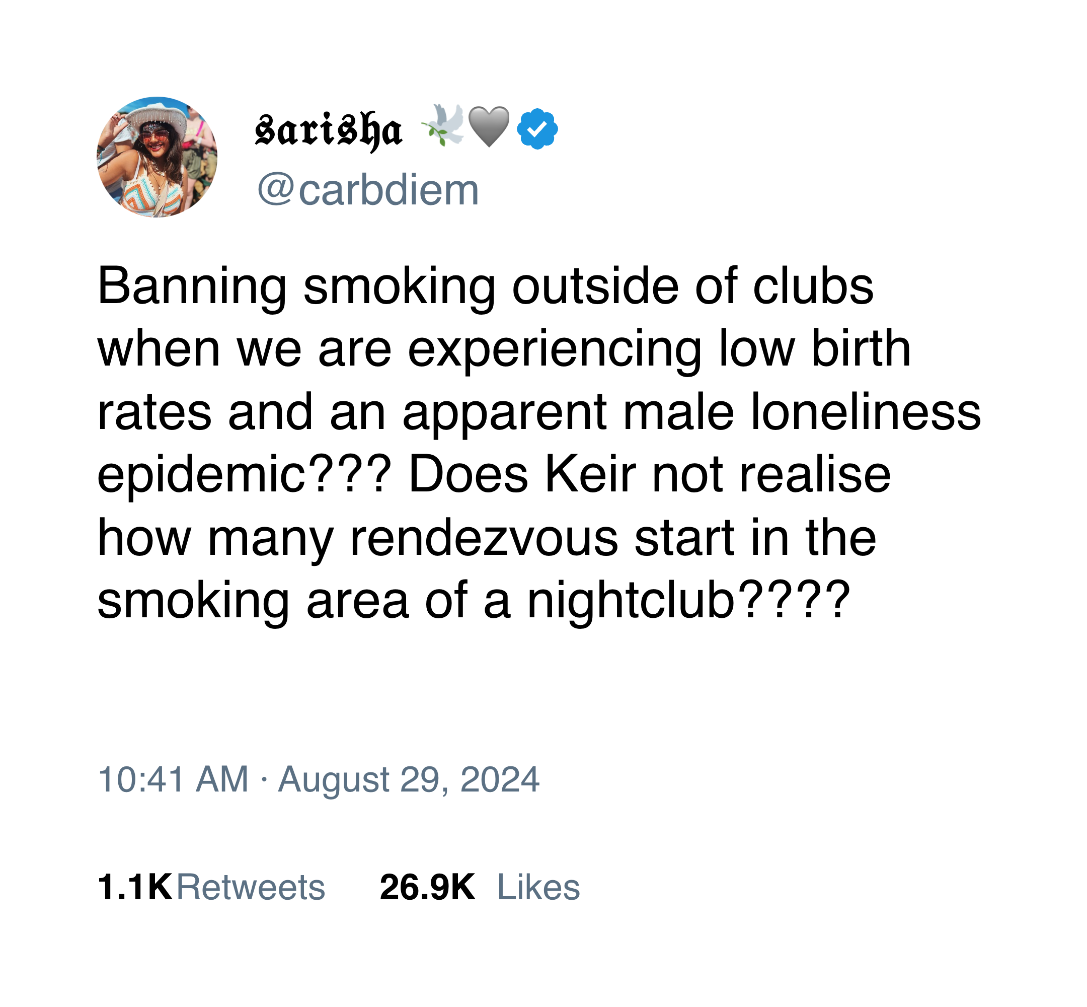 @carbdiem on Twitter: "Banning smoking outside of clubs when we are experiencing low birth rates and an apparent male loneliness epidemic??? Does Keir not realise how many rendezvous start in the smoking area of a nightclub????"