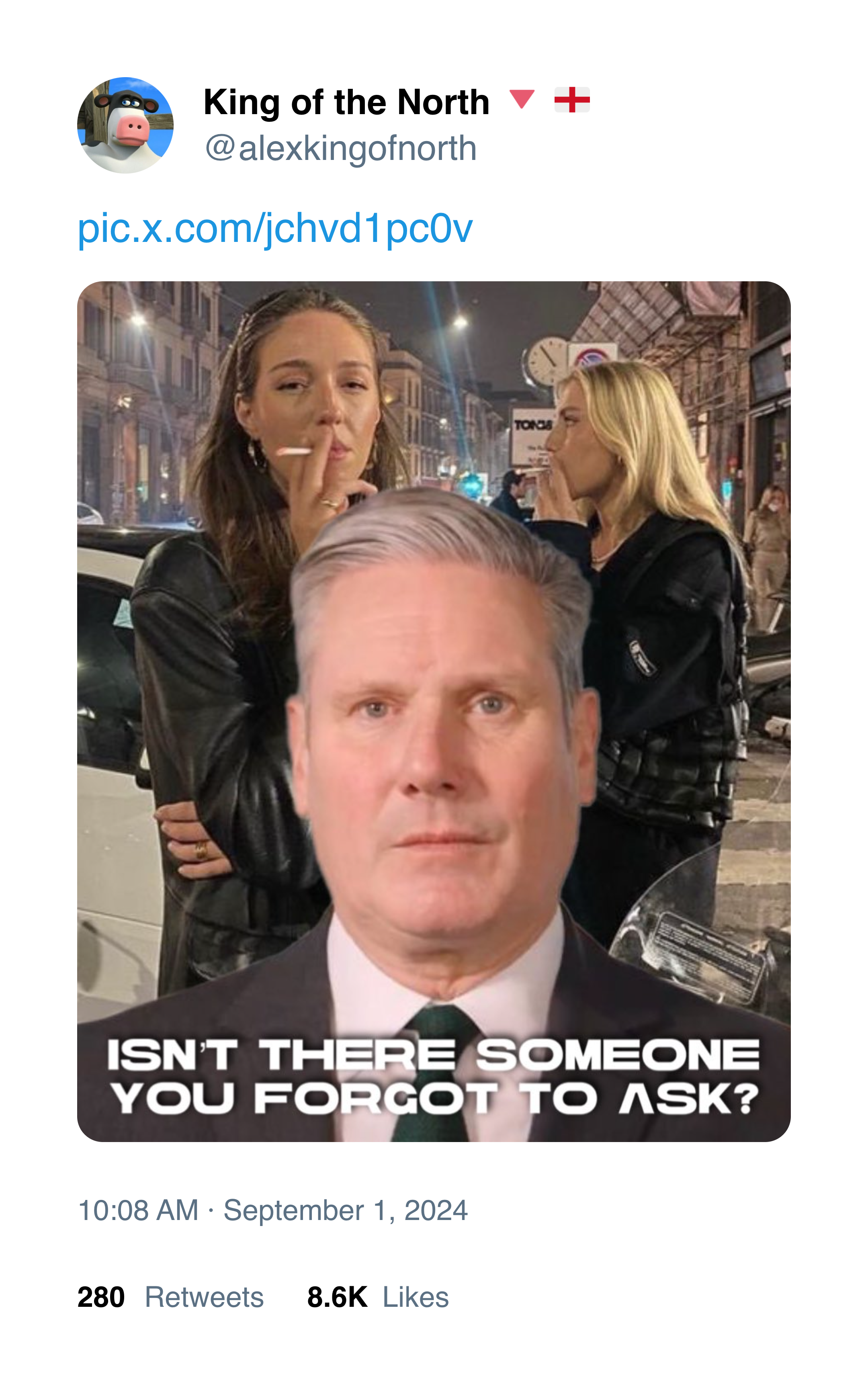 @alexkingofnorth on Twitter: an image of two women smoking outdoors, with Keir Starmer photoshopped in front. Caption: "Isn't there someone you forgot to ask?"