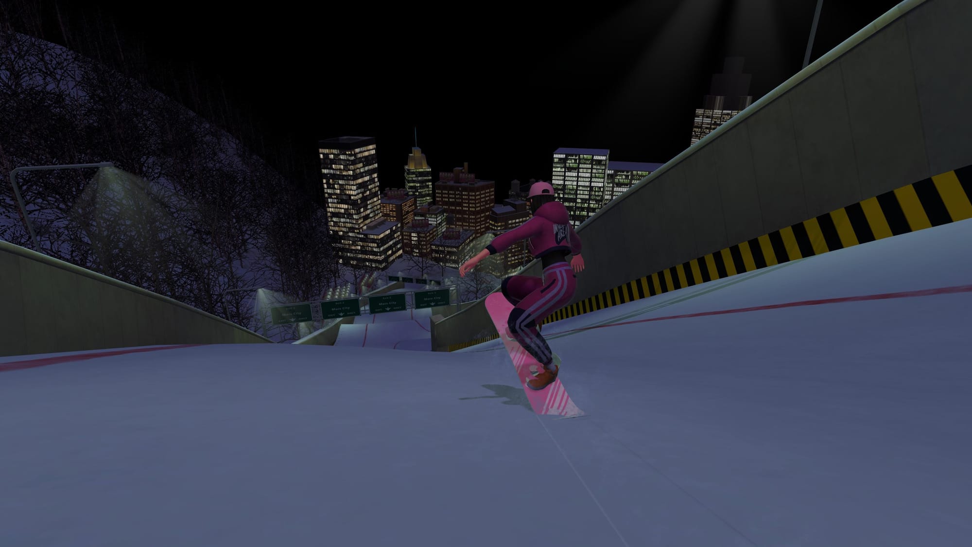 A screenshot from Tricky Madness showing a snowboarder landing in a city track environment.