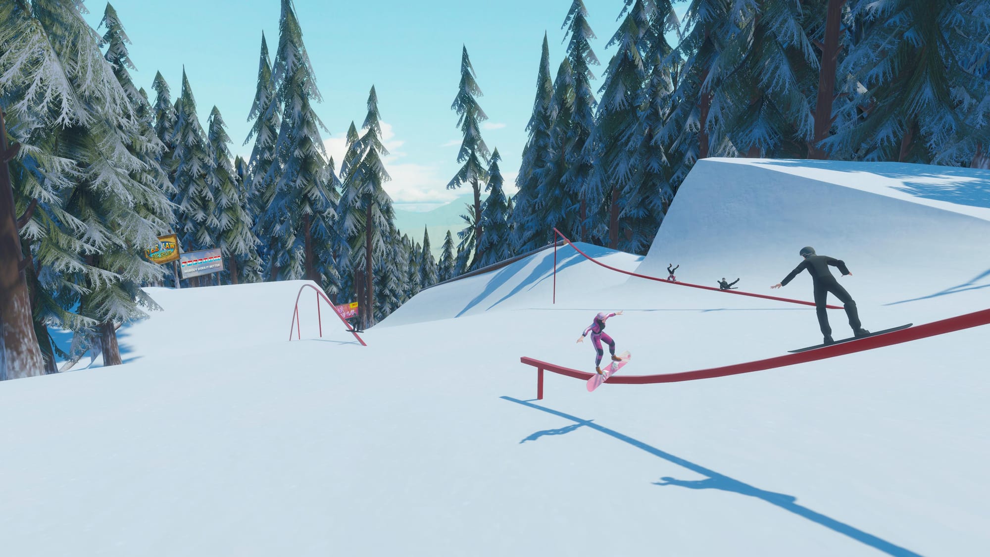 A screenshot from Tricky Madness showing snowboarders grinding on rails in the daytime.