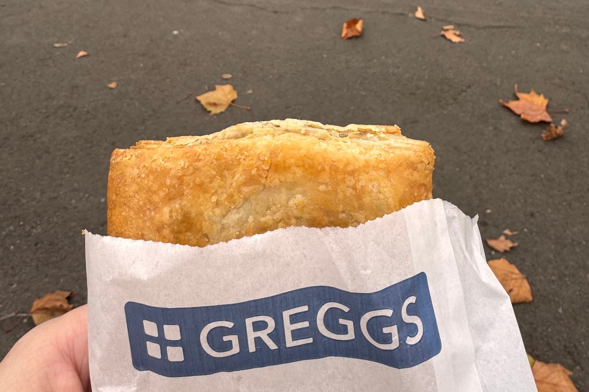 A Vegan Festive Bake poking out of a Greggs bag outdoors on a nice fall day, with several dead orange leaves strewn about.