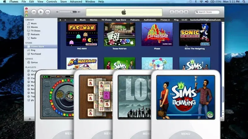 A screenshot of iTunes open to the iPod click wheel games store. Superimposed in front are four iPods with various games shown.