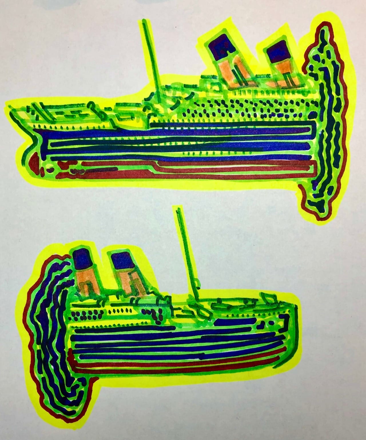 A neon glowing Titanic enters and exits a strange portal.