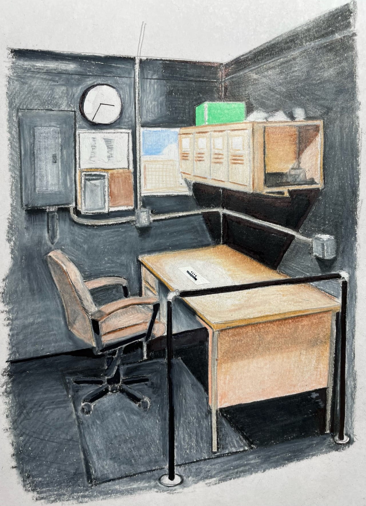 A grey, nondescript office, with a small drawing of the Titanic on the desk.