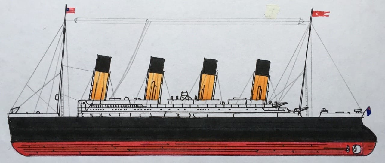 A straightforward port side profile of the Titanic, no water or sky.