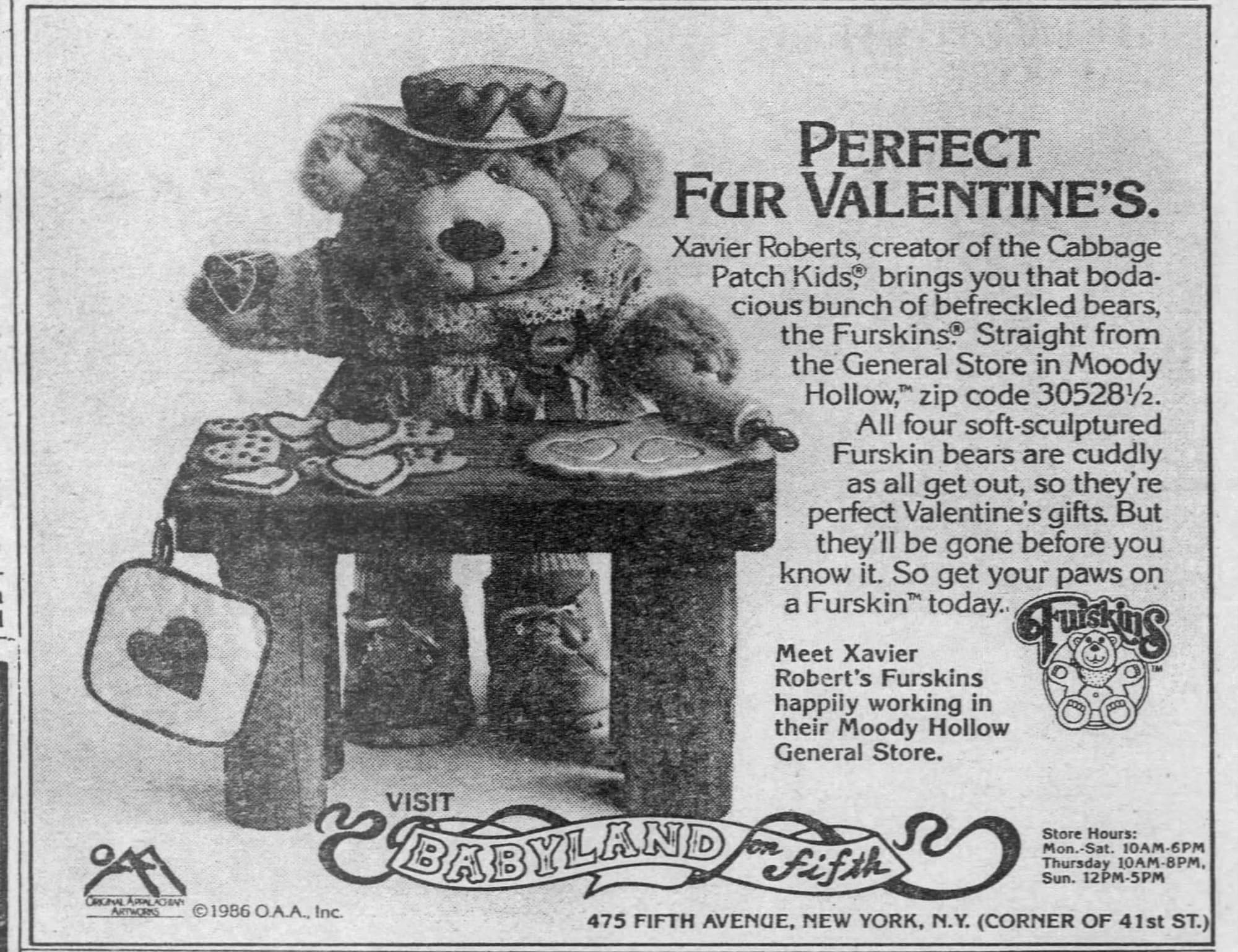 An old black and white newspaper ad for Babyland on Fifth. A bear doll stands at a table, making heart-shaped cookies. Title: "Perfect Fur Valentine's."