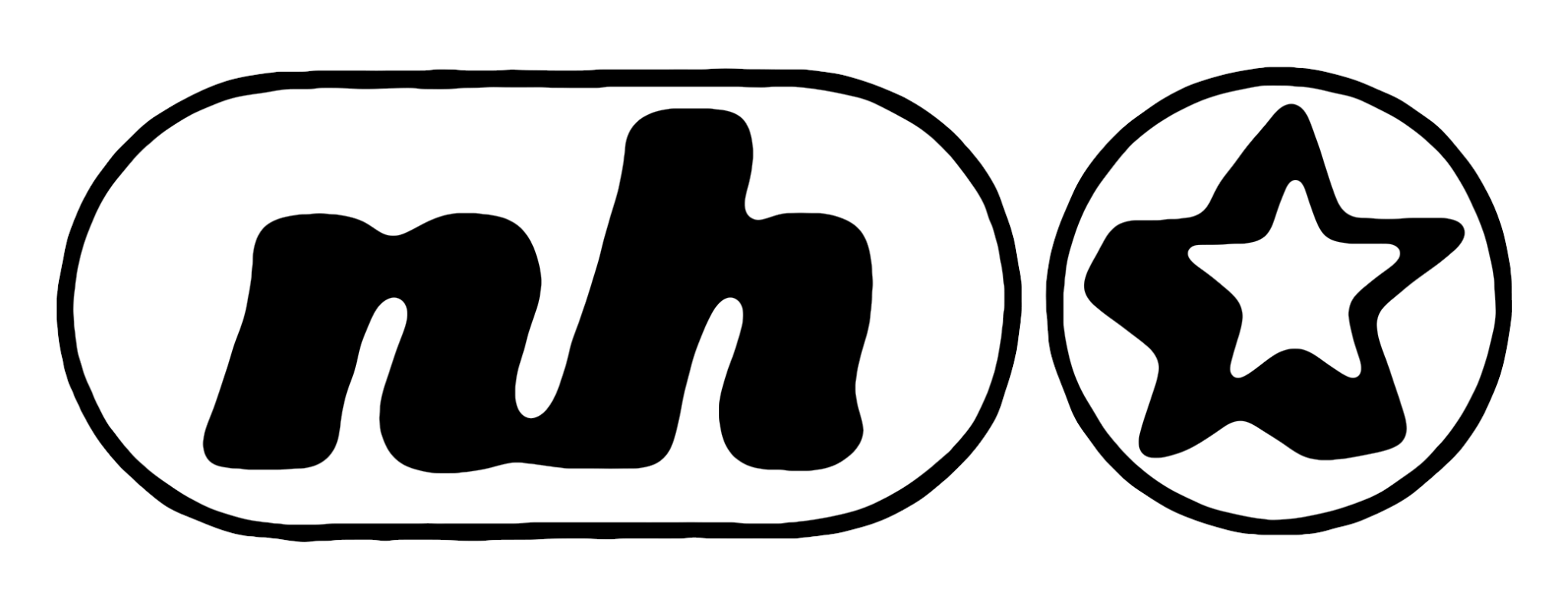 One of Narrow Head's logos — a lowercase "nh' in an inky typeface, encased in a pill-like oval, with an inky star in a circle next to it.