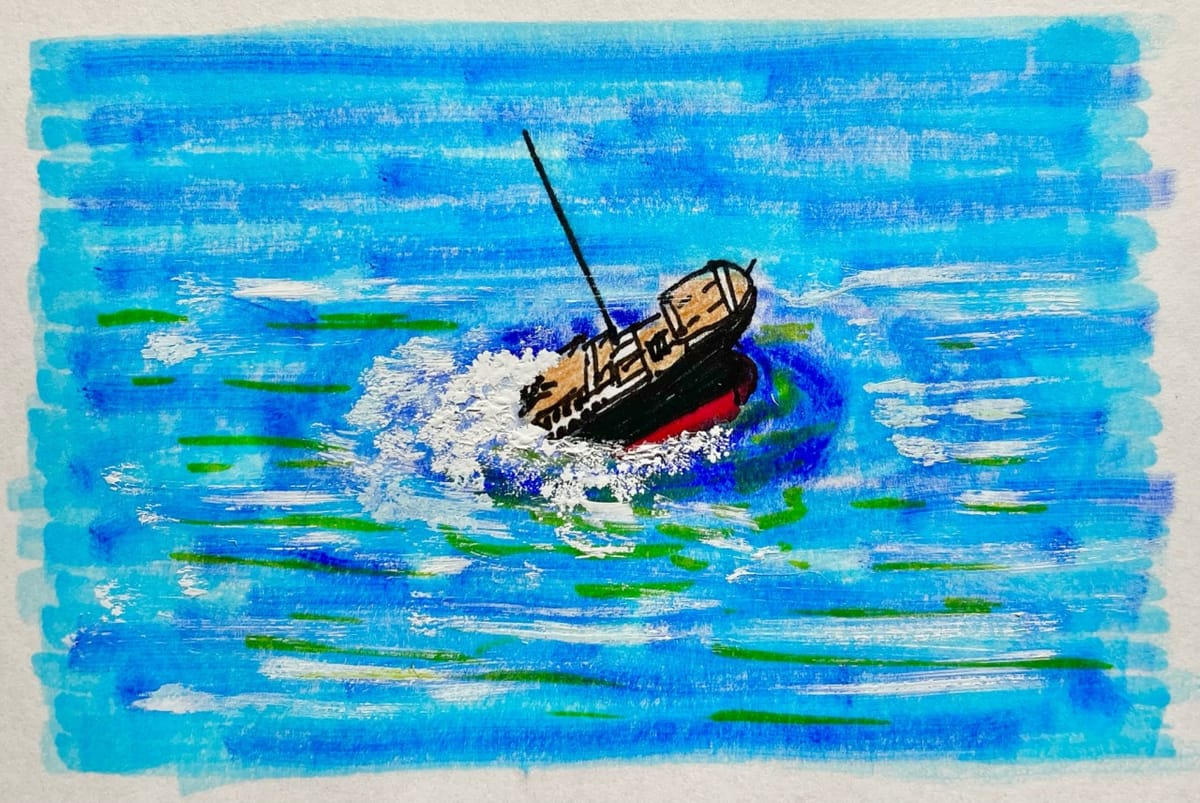 A marker drawing of the Titanic sinking—it's tail end sticks up out of blueish-green frothing water.