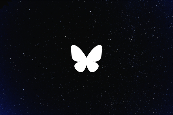 The white Bluesky logo (a butterfly icon) superimposed on the night sky.