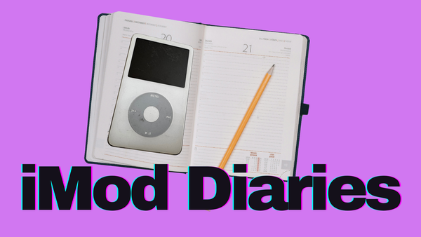 A photoshopped image of an iPod inside of a diary, with the caption "iMod Diaries".