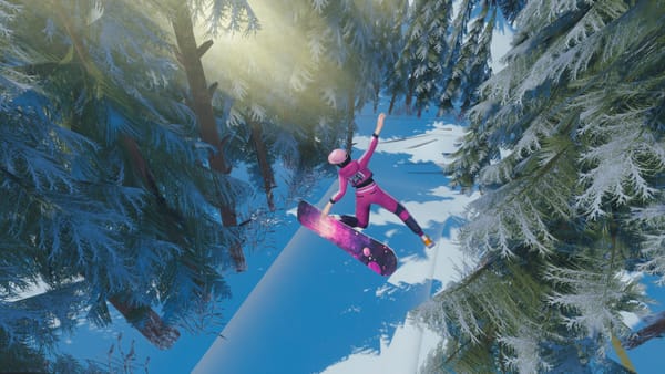 Screenshot from Tricky Madness showing a big air trick in a forest