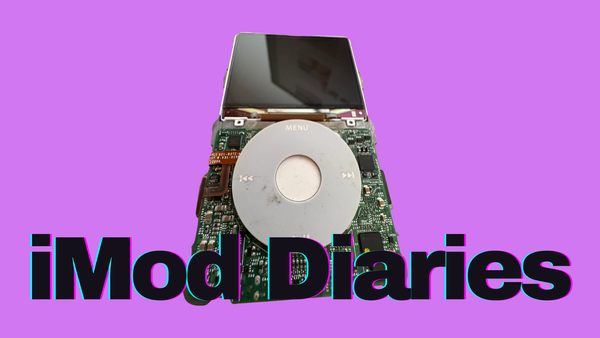 An iPod without a face plate and the caption "iMod Diaries."