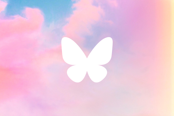 The Bluesky butterfly logo on top of the rainbow sky from Taylor Swift's Lover album cover.