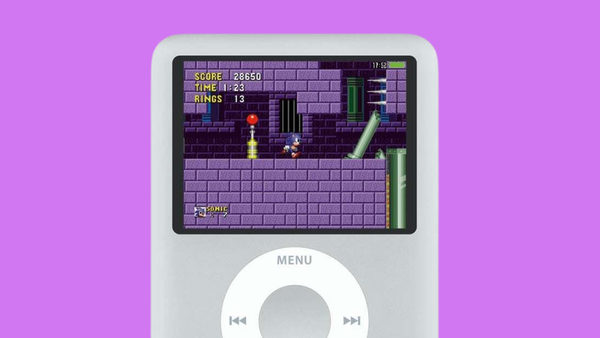 An iPod nano running Sonic the Hedgehog on a purple background.