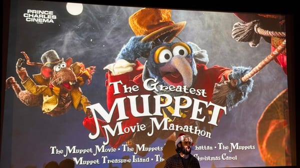 A staff member introduces the Greatest Muppet Movie Marathon at the Prince Charles Cinema.