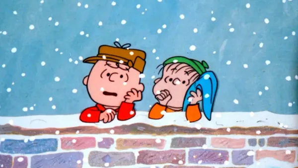 A still from A Charlie Brown Christmas. Charlie Brown and Linus discuss life in the snow.